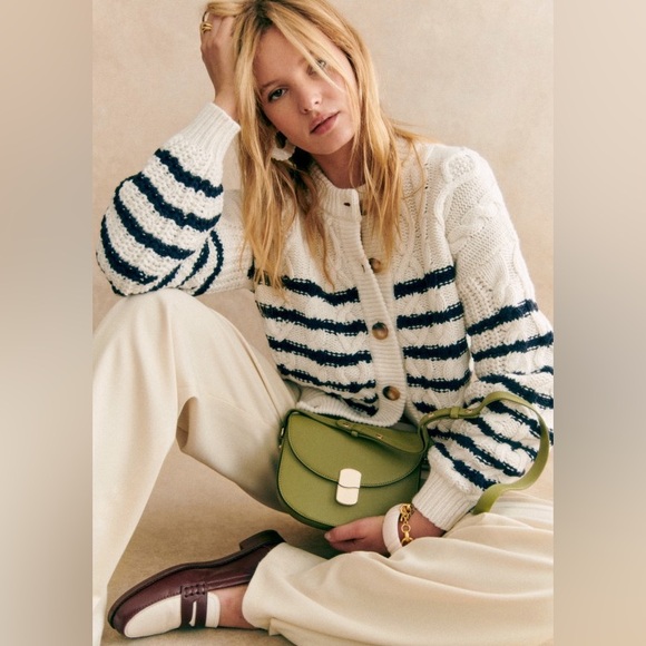 Sezane Sean Cardigan Navy and Cream Stripes - Picture 1 of 5